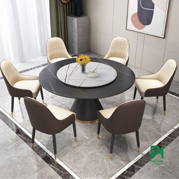 Bộ bàn ăn tròn 2 tầng mặt đá xoay 6 ghế kiểu Ý.